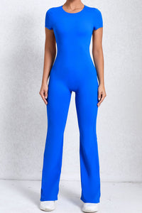 Women Short Sleeve Big Backless One Piece Flare Tight Nude Outfit Fitness Sports Yoga Bodysuit