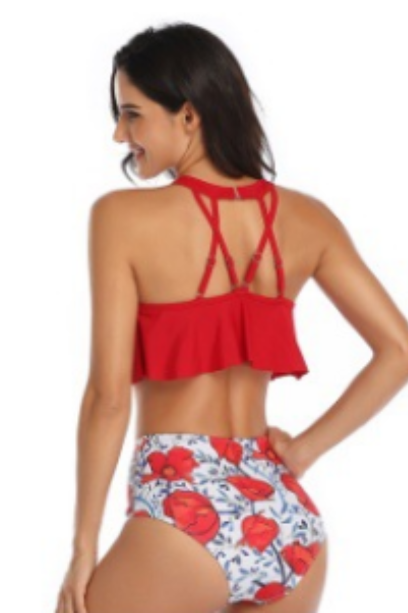 Women's Sexy Cut Out Cross Back Flounce Floral Tankini