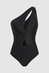 Women's One-Shoulder Cutout Twist Front Solid Color Swimsuit