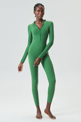 Front zipper solid color sports jumpsuit.