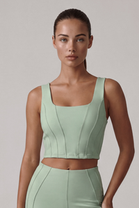 Women's Square Neck Wide Strap Corset Seam Solid Sports Bra