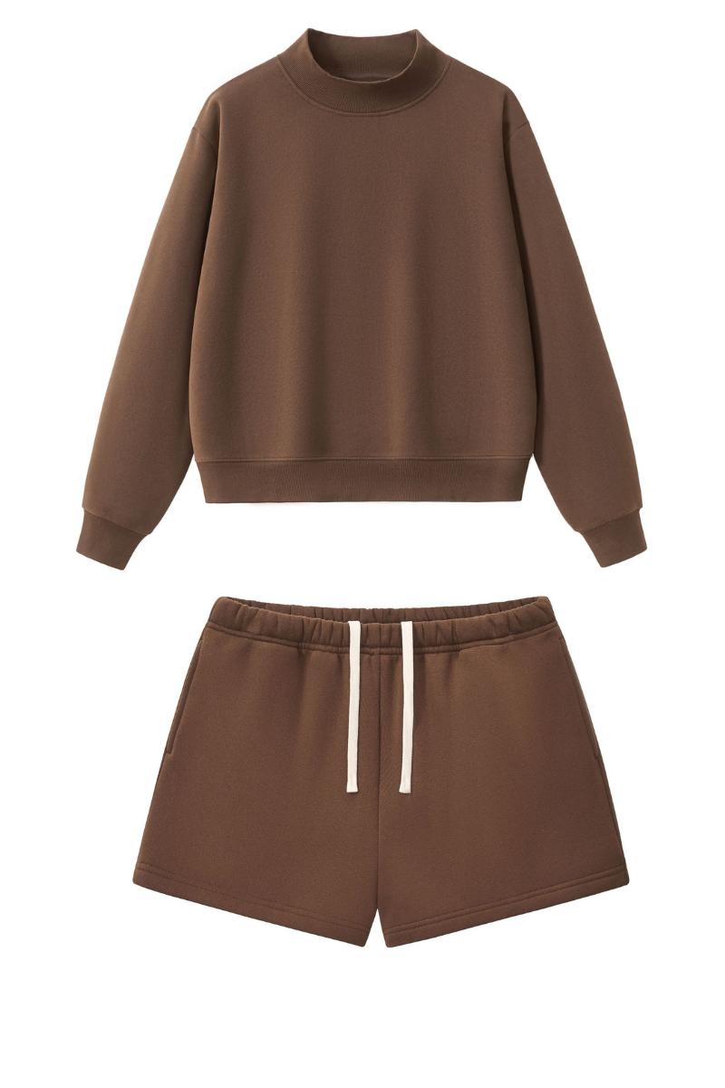 Women Loose Set:Mock Neck Sweatshirt + Shorts