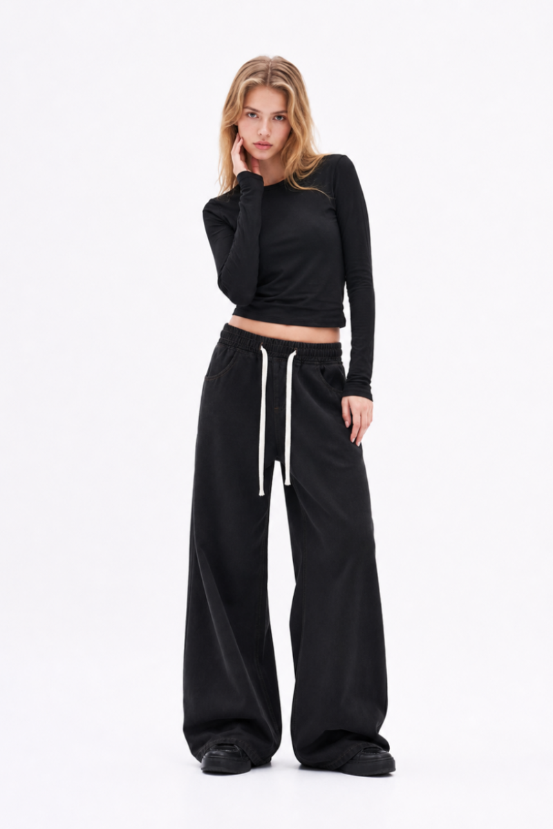 Women's Fall Drawstring Waist Wide Leg Jeans