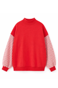 Women's Fall Gingham Spliced Oversize Mock Neck Sweatshirt