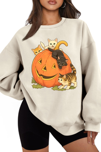 Women's Fall Halloween Cat Pumpkin Graphic Casual Sweatshirt