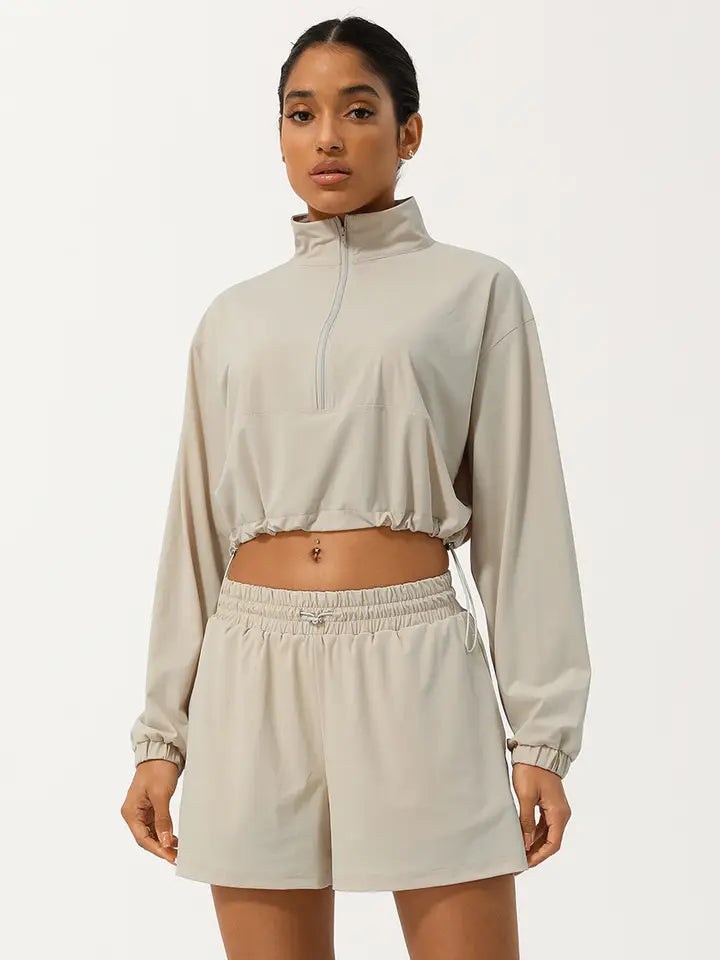 Half Zip Crpped Sports Jacket & Shorts 2 Piece Set