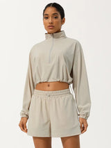 Half Zip Crpped Sports Jacket & Shorts 2 Piece Set