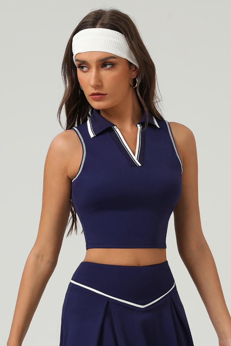 Contrasting V-neck tennis T-shirt & sports skirt 2-piece set