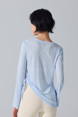 Women's Wide U-Neck Side Drawstring Sheer Long Sleeve Yoga Cover-Up