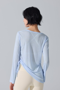 Women's Wide U-Neck Side Drawstring Sheer Long Sleeve Yoga Cover-Up