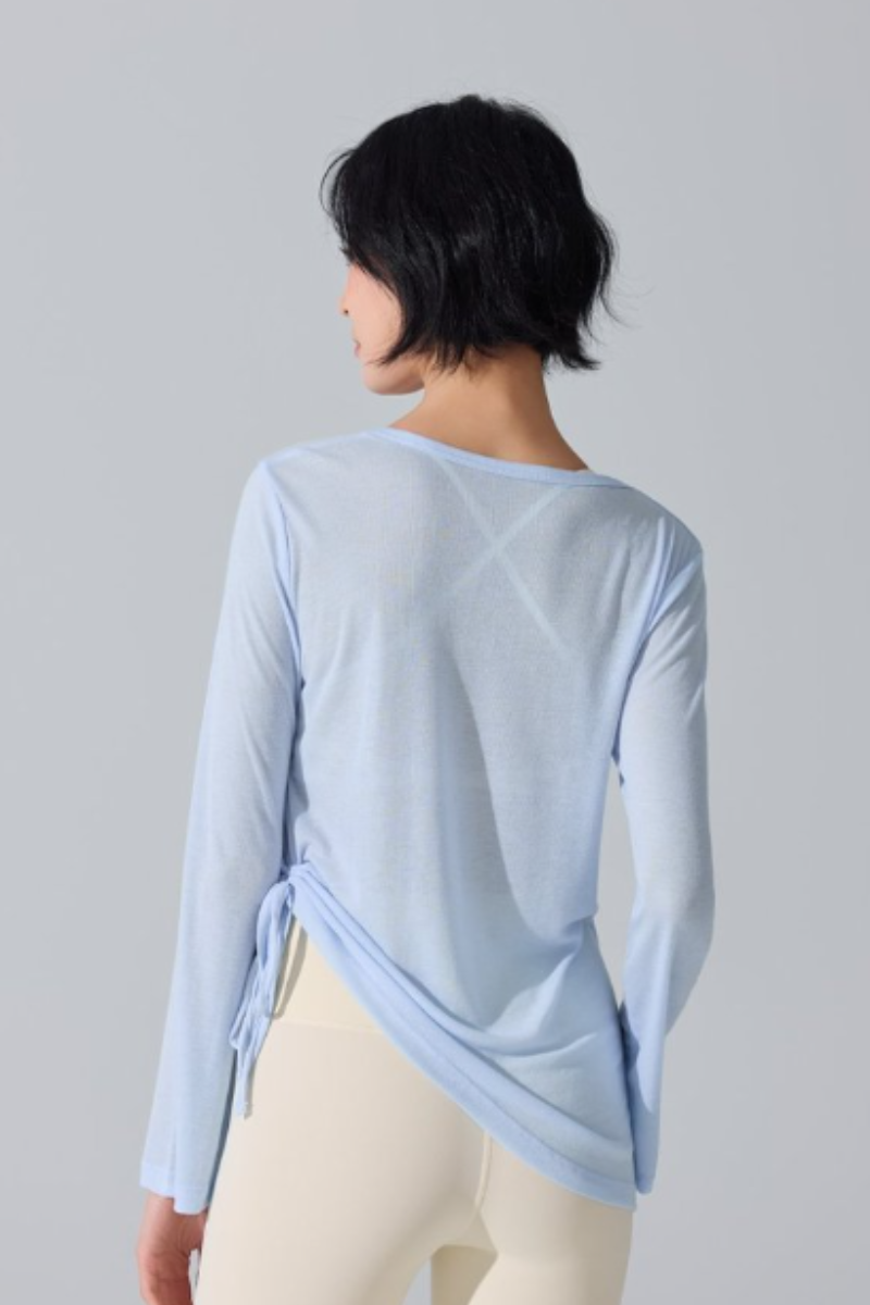 Women's Wide U-Neck Side Drawstring Sheer Long Sleeve Yoga Cover-Up
