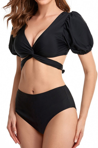 Women's Puffed Sleeve Knot Detachable Twist-Front Bikini Set