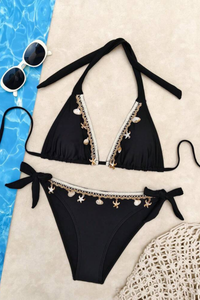 Women's Triangle Cup Halter Side Tie Solid Open Back Bikini