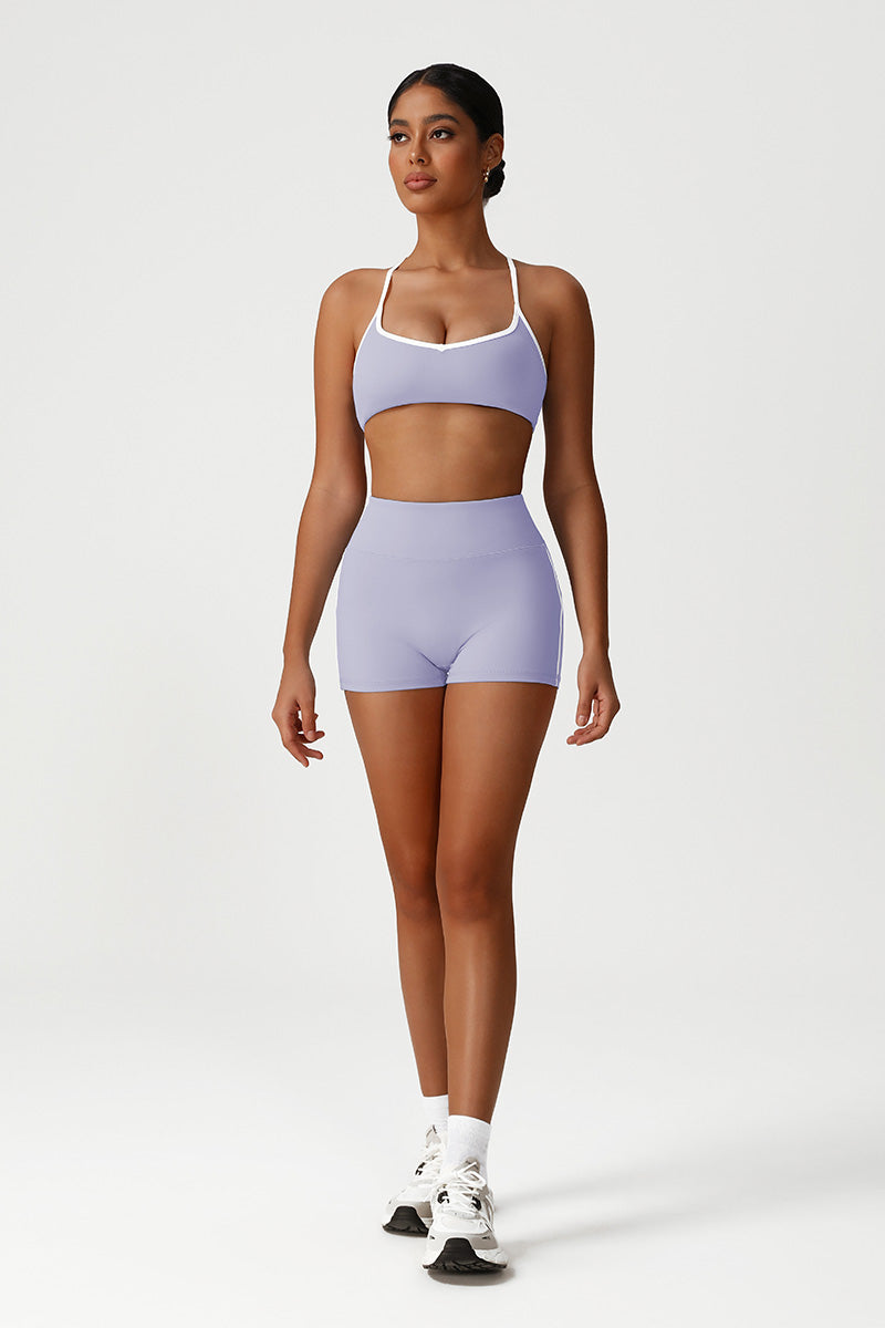 Women Seamless High Waisted Workout Set: Cross Back Sports Bra + Peach Lifting Shorts