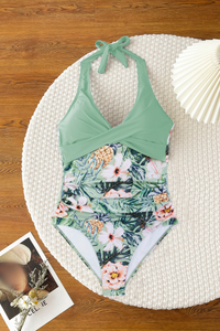 Women's Halter Deep-V Twist-Front Floral Print Swimsuit