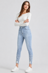 Women's High Waist Pearl Embellished Stretch Skinny Jeans