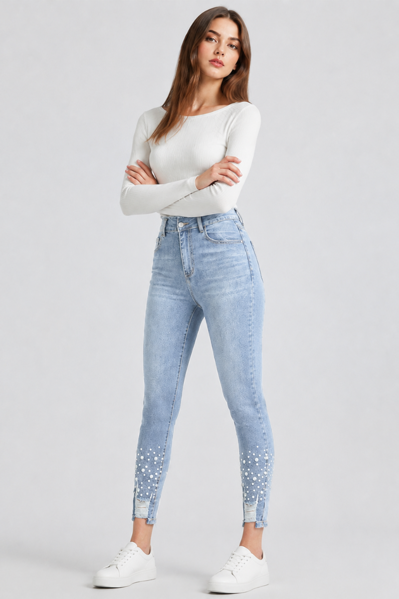 Women's High Waist Pearl Embellished Stretch Skinny Jeans