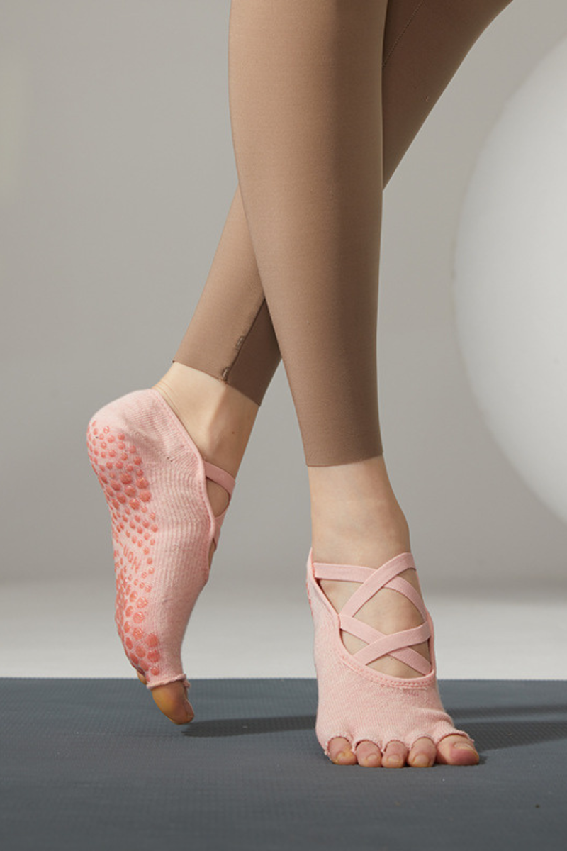 Women's Solid Color Strappy Open-Toe Yoga Grip Socks