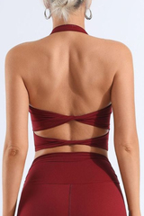 Women's Halter Neck Pleated Twist Back Padded Sports Bra