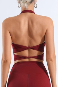 Women's Halter Neck Pleated Twist Back Padded Sports Bra