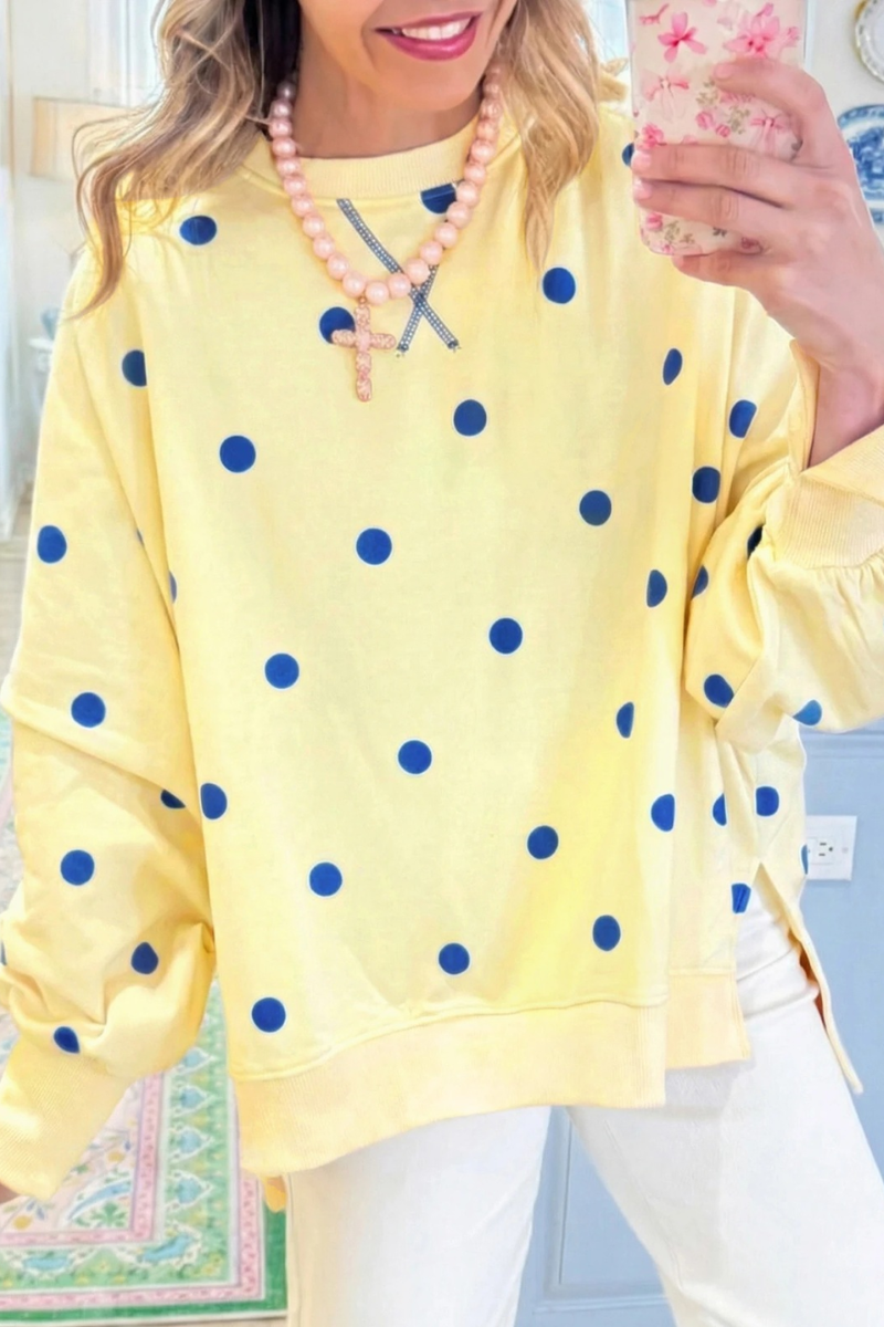 Women's Fall/Winter Polka Dot Side Slit Hem Print Oversized Pullover