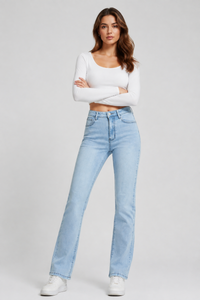 Women's Light Blue Wash Stretch Slim Straight Leg Jeans