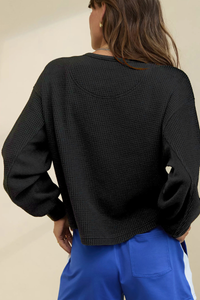 Women's Fall Waffle Half Button V‑Neck Loose Sweatshirt