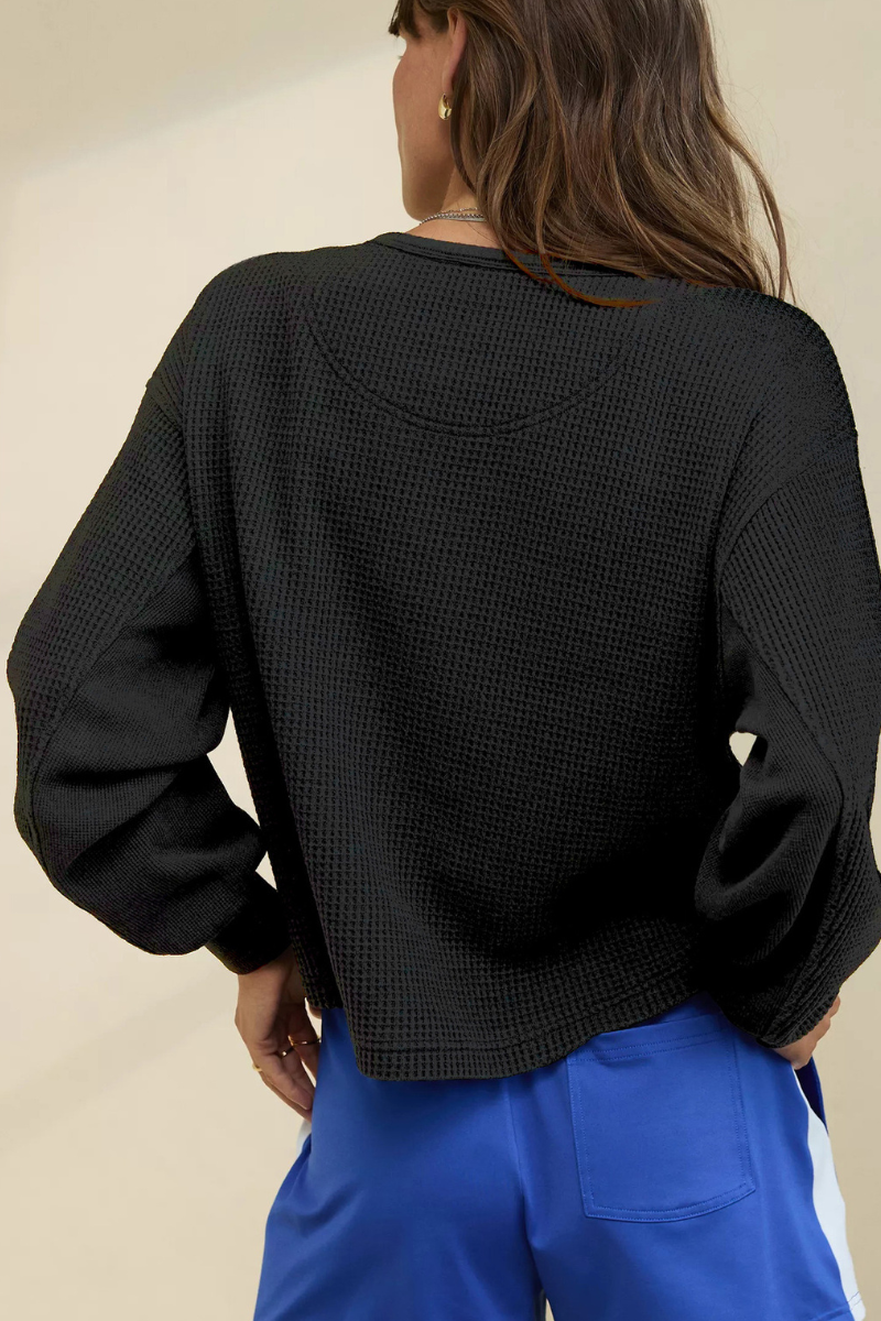 Women's Fall Waffle Half Button V‑Neck Loose Sweatshirt