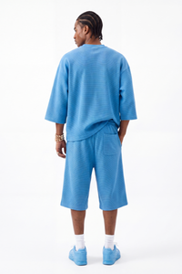 Men's Waffle Knit Set:Loose Fit T-shirt & Knee Length Shorts
