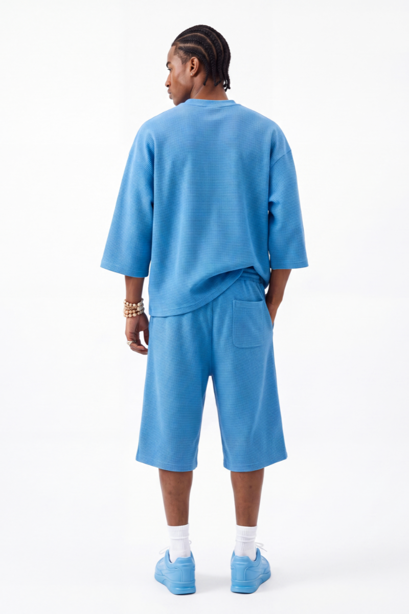 Men's Waffle Knit Set:Loose Fit T-shirt & Knee Length Shorts