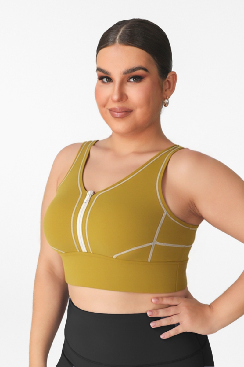 Plus Size Women's Color-Block Front Zipper Sports Bra