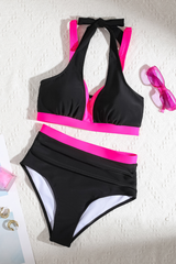 Women's Faux Two Piece V-Neck High Waist Halter Bikini Set