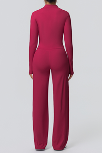 Women's Set:Collared Zippered Jacket And Wide Leg Pants