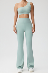 Women's Scalloped One Shoulder Bra & Flared Yoga Pants Set