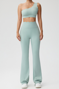 Women's Scalloped One Shoulder Bra & Flared Yoga Pants Set