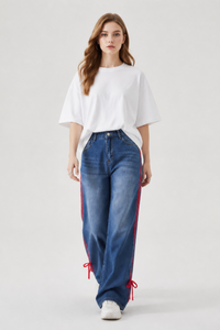 Women's High Waist Wide Leg Jeans with Red Side Stripe