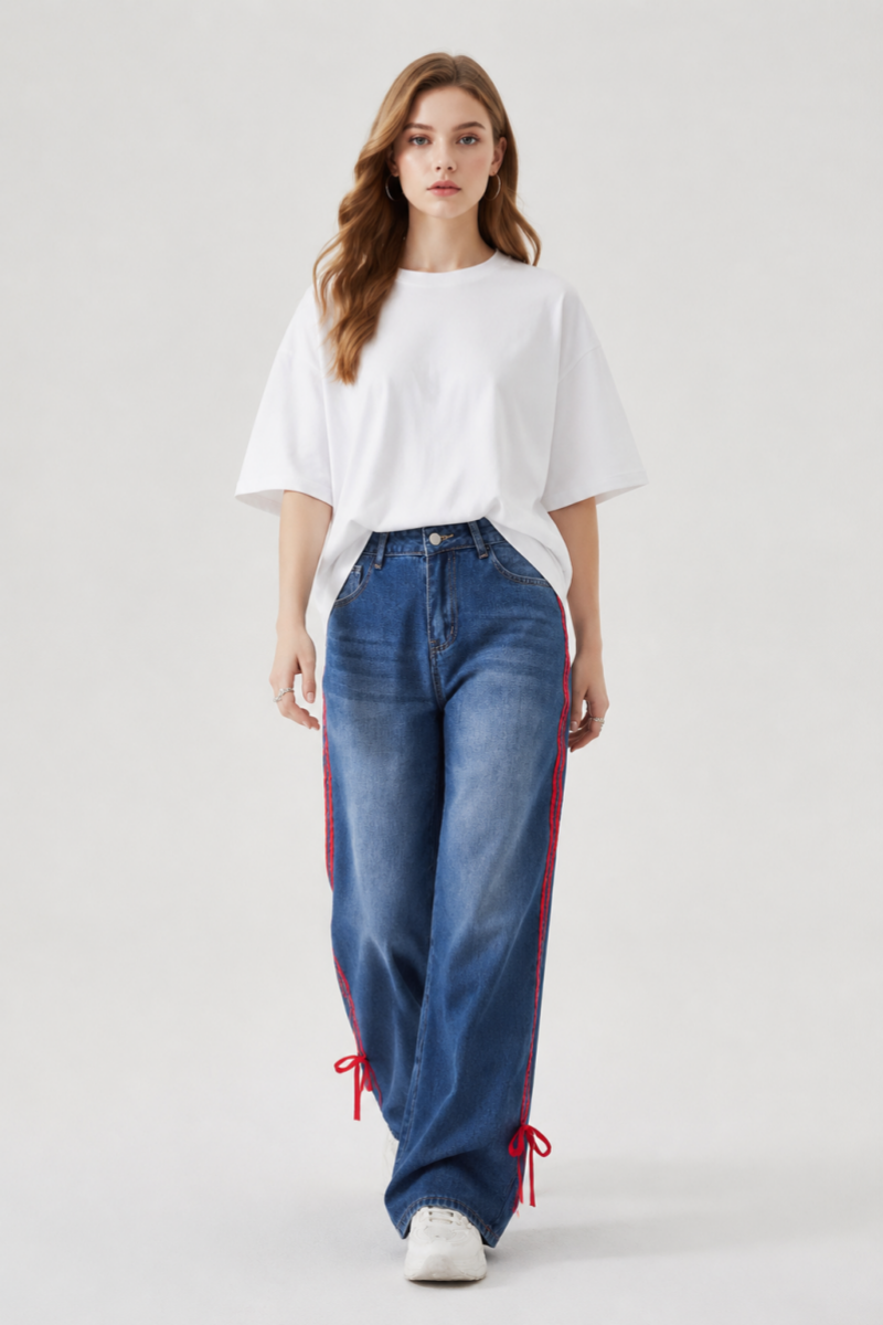 Women's High Waist Wide Leg Jeans with Red Side Stripe