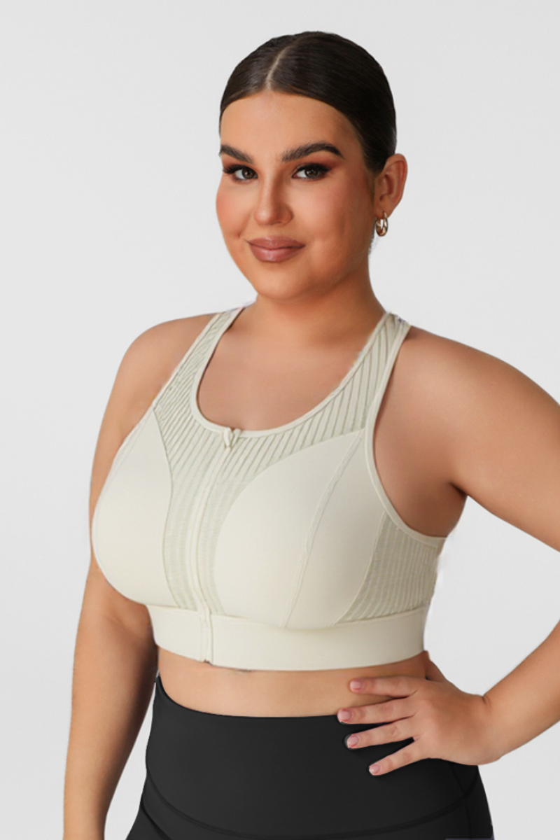 Plus Size Women's Mesh Panel Zip-Up Sports Bra