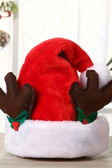 Unisex Christmas Santa Hat Plush with 3D Reindeer Antler