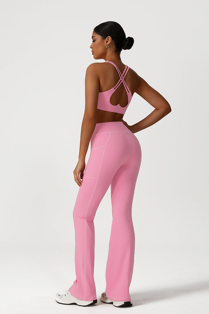 Women Fitness Yoga Set: Cross Back Sports Bra + Flared Leggings