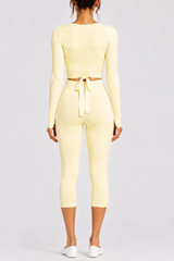 Women's Side Wrap Tie Long Sleeve Top And Capri Yoga Set