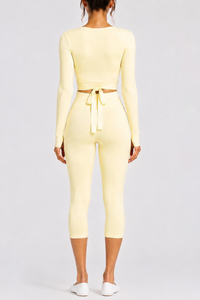 Women's Side Wrap Tie Long Sleeve Top And Capri Yoga Set