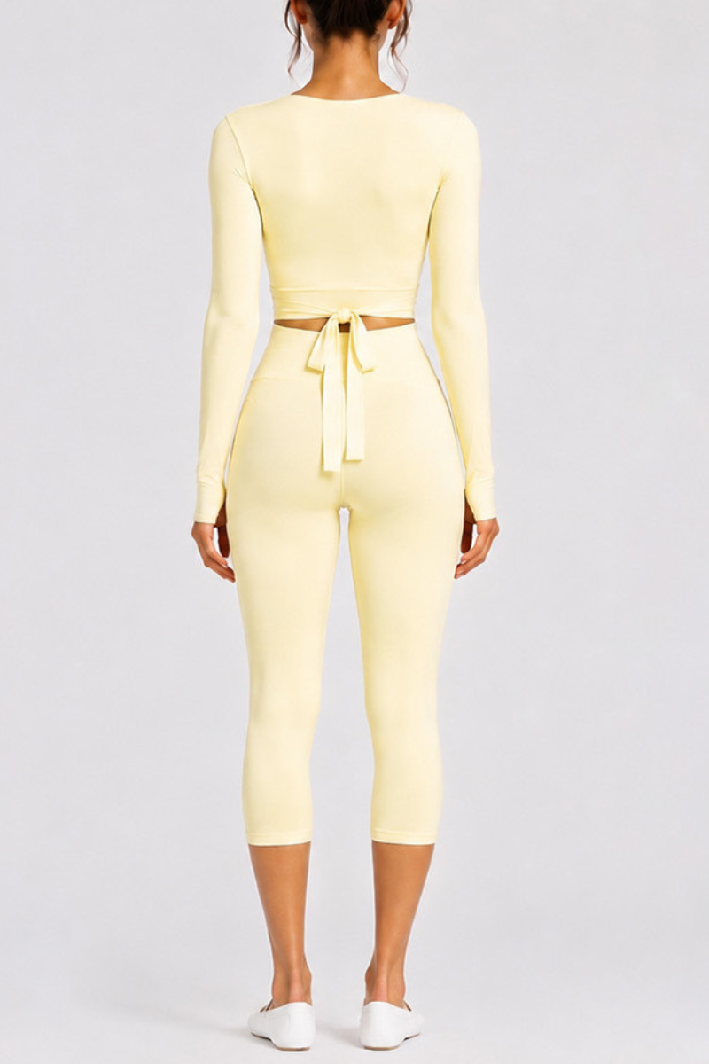 Women's Side Wrap Tie Long Sleeve Top And Capri Yoga Set