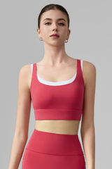 Women's Wide Strap Color-Block Faux Two-Piece Sports Bra