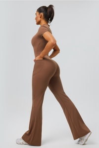 Women's Athletic Short Sleeve Half Zipper Flare Jumpsuit