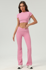 Women's Color‑Contrast Cropped T-shirt & Flared Pants Set