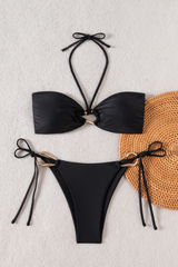 Women's Halter Solid Strapless Side Tie Sexy Bikini Set