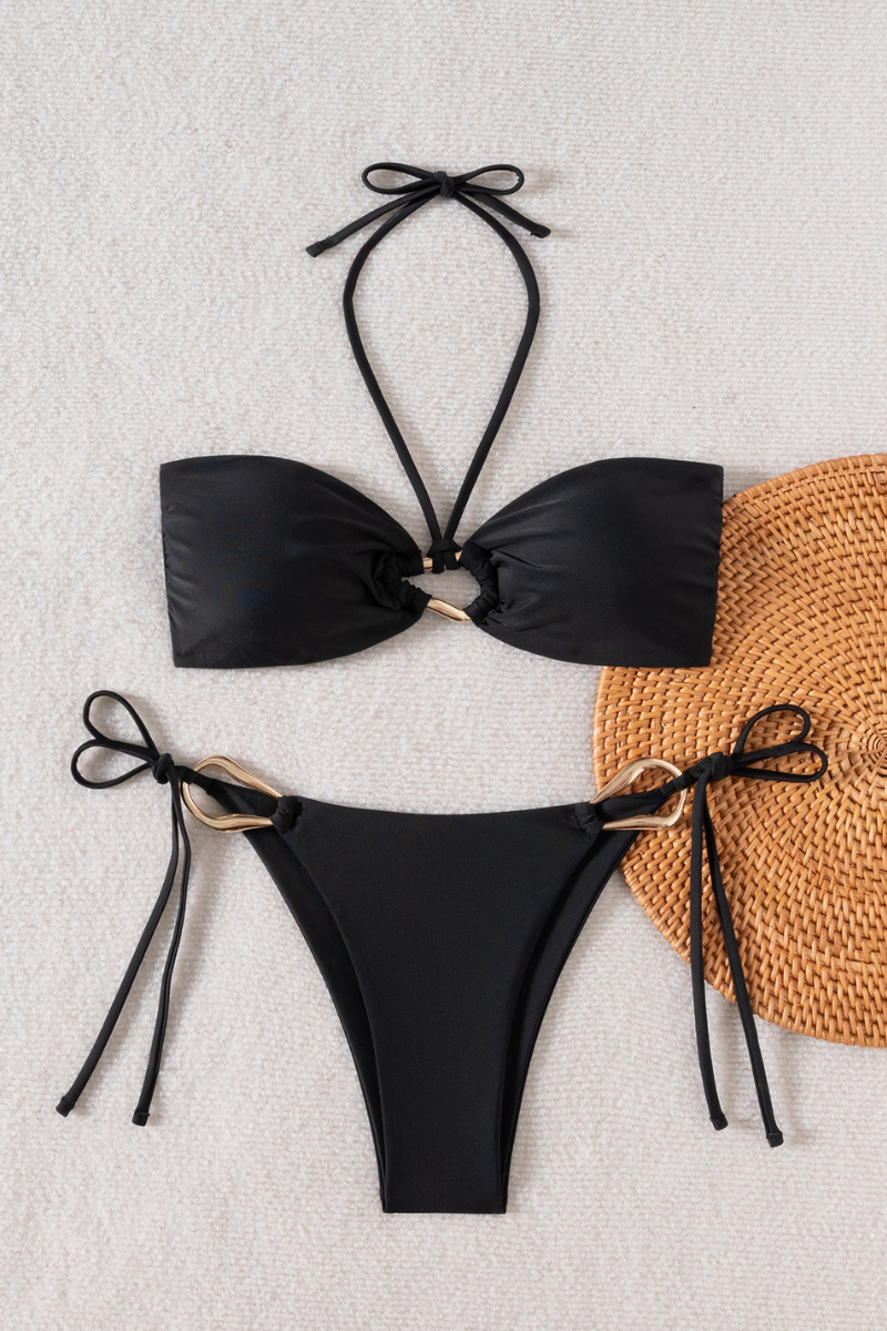 Women's Halter Solid Strapless Side Tie Sexy Bikini Set