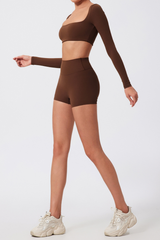 Women's Cropped Long Sleeve Top & Ruched Yoga Shorts Set