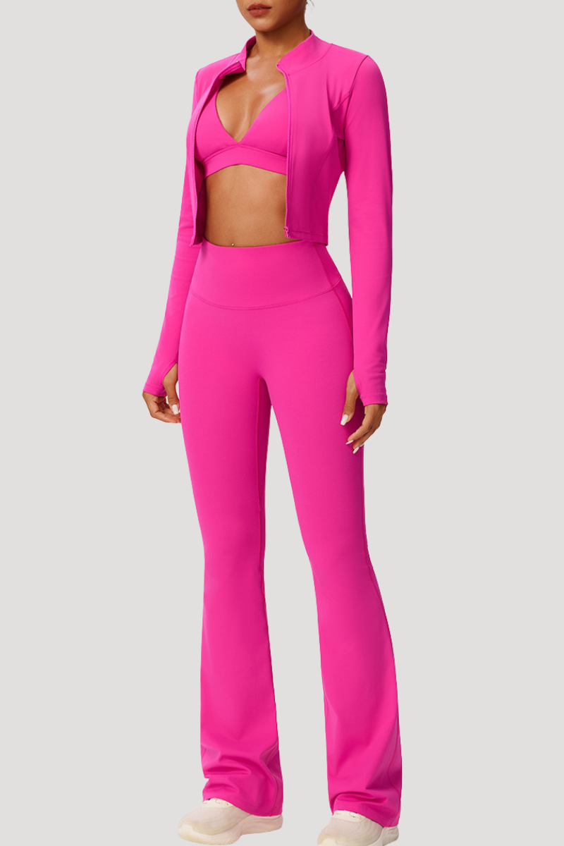 Women's Sports 3-Piece Set:Bra+Cropped Jacket+Flare Pants